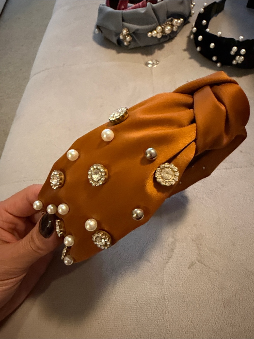 Embellished Satin Knotted Headband in Rust